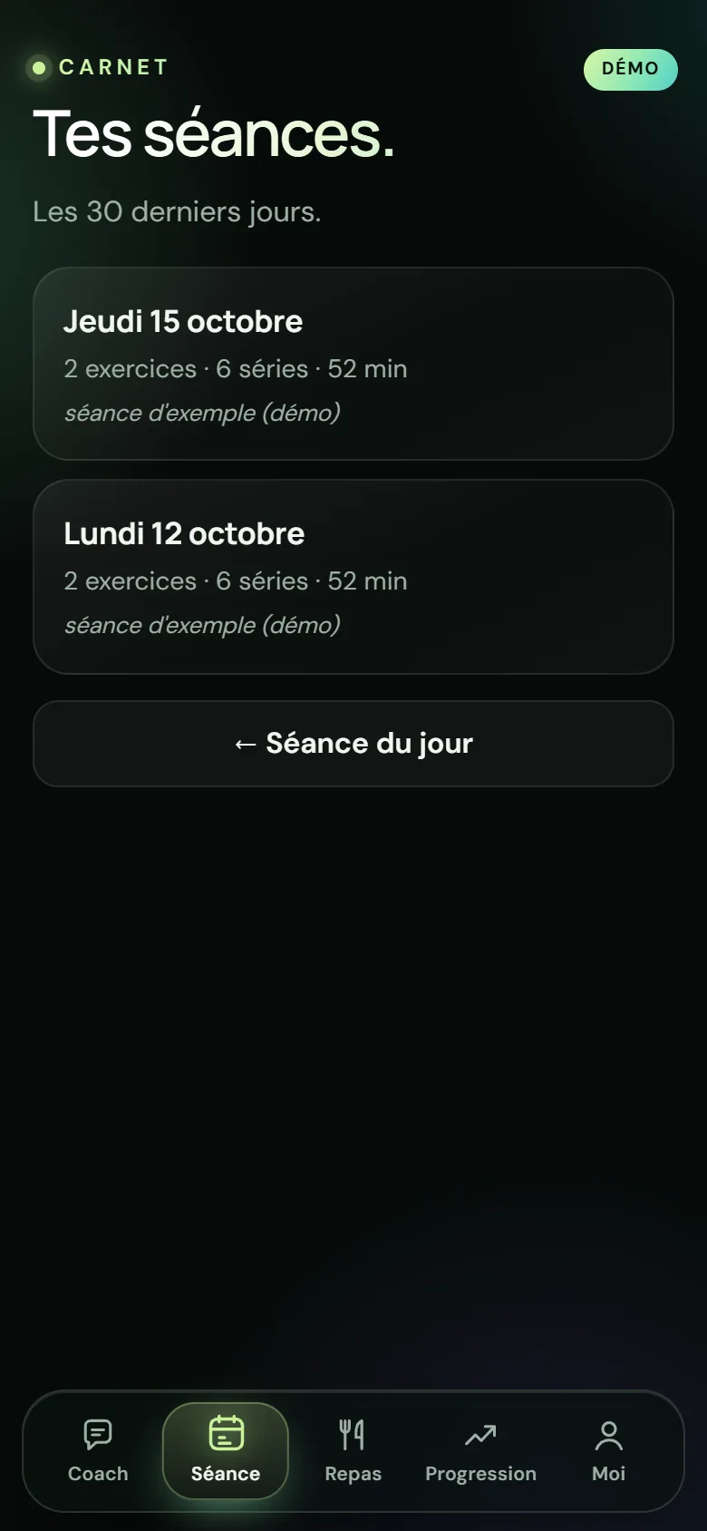 Écran Carnet de l'application Gunny : tes séances des 30 derniers jours