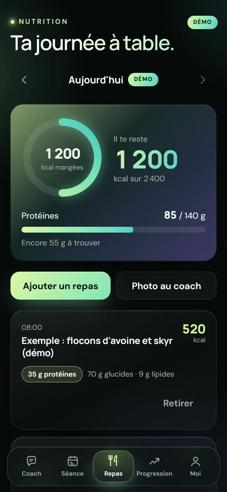 Écran Repas de l'application Gunny : calories et protéines restantes du jour